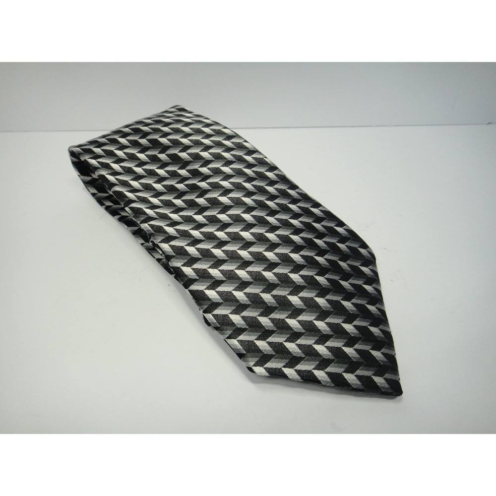 Jones New York Men's Silk Necktie Geometric Chevron Black Grey Silver Woven Tie